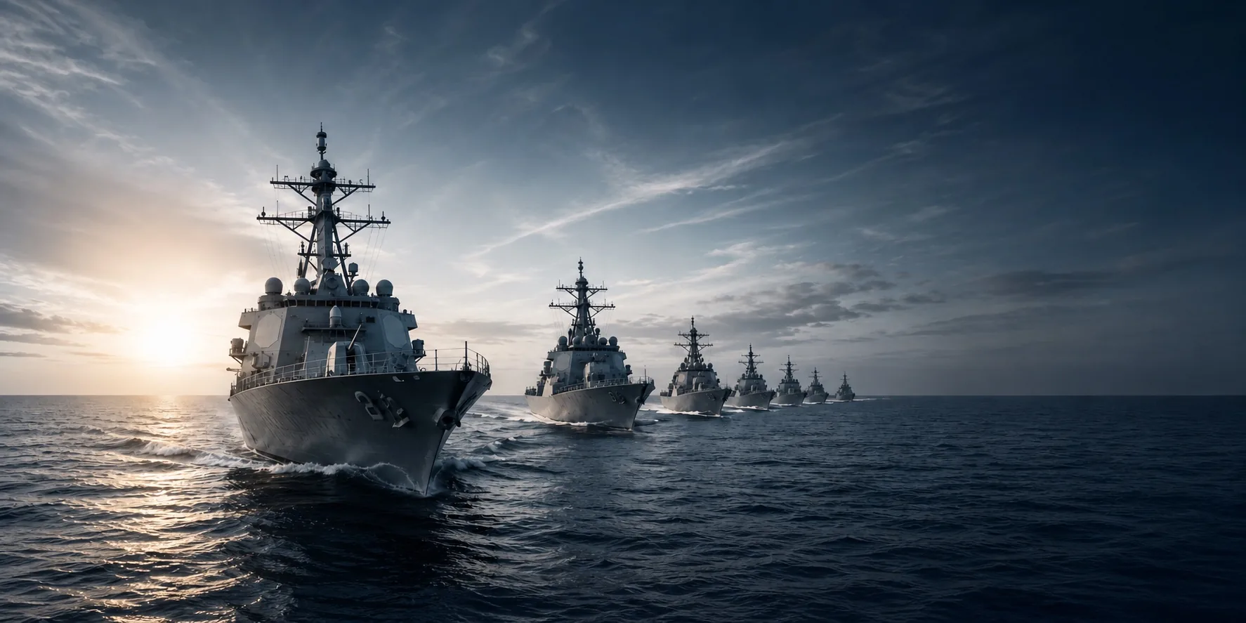 Illustrative formation of naval vessels moving across open ocean at sunrise